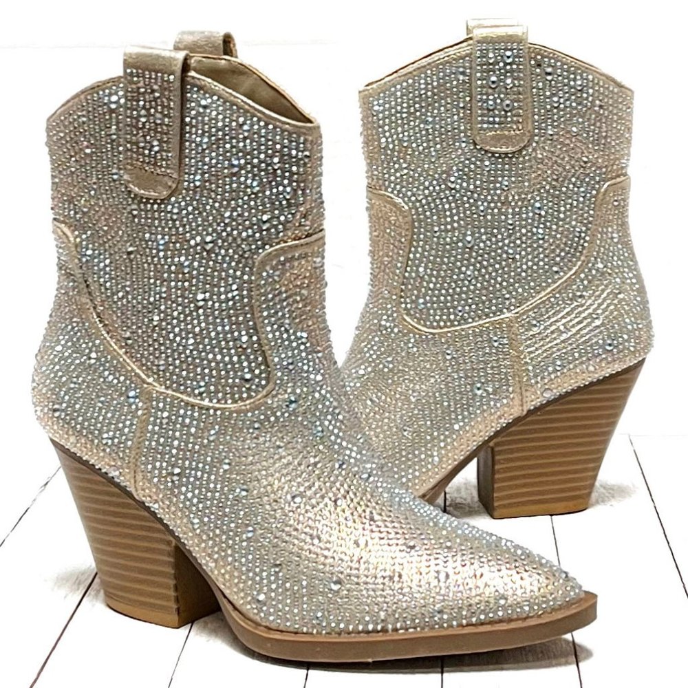 New Women Champagne Gold Blingy Rhinestone Cowboy Western Ankle Boots Booties
